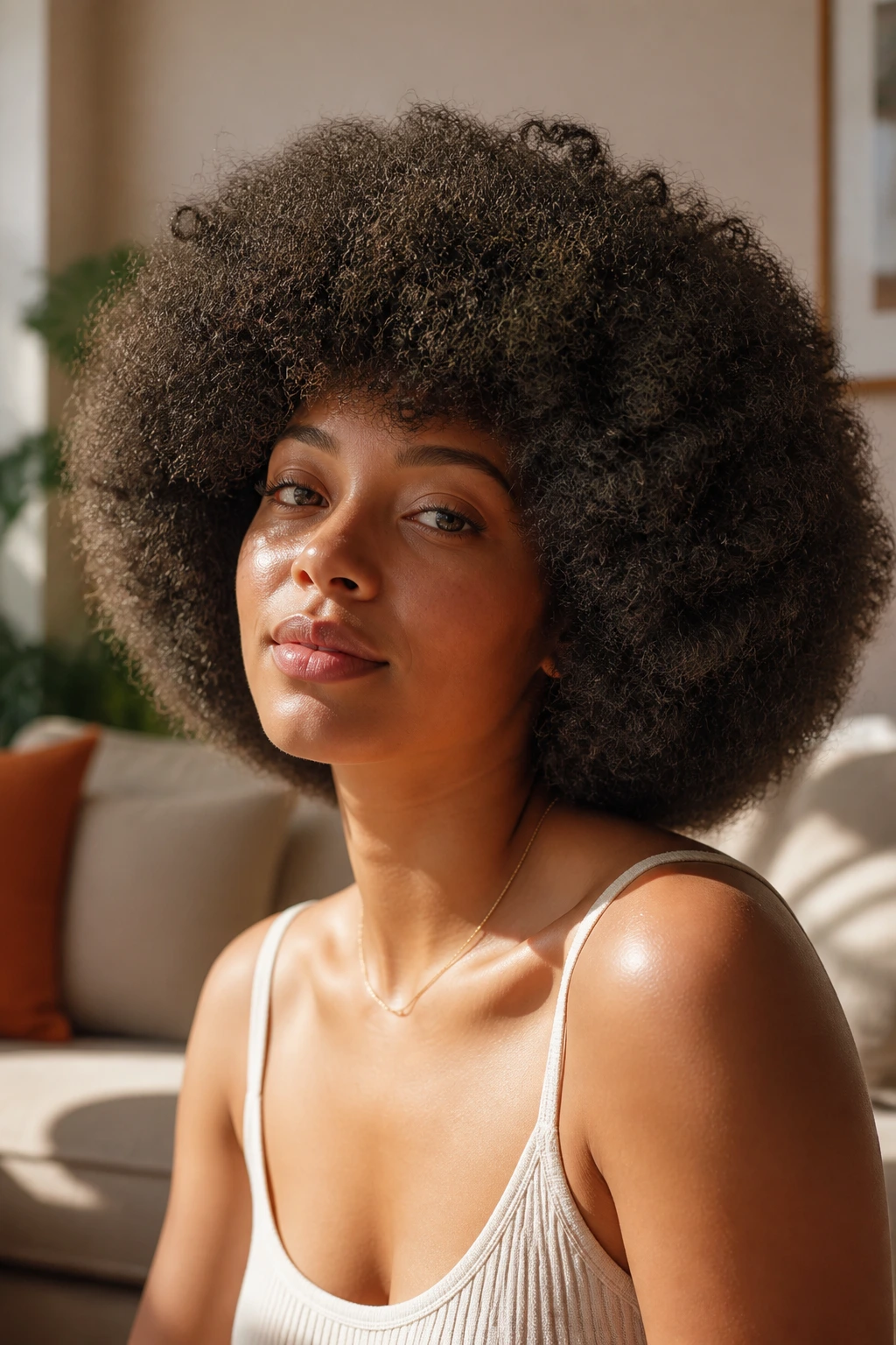 Portrait of a woman with brushed-out afro bob in a bright living room