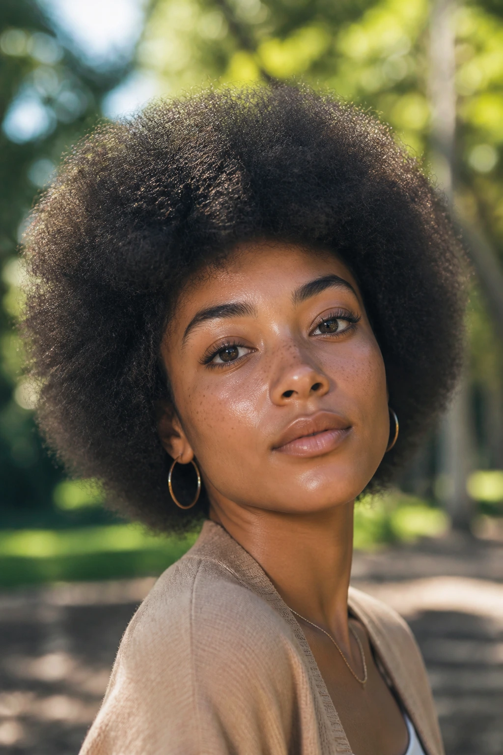 Close-up portrait of a real person with a brushed-out afro hairstyle