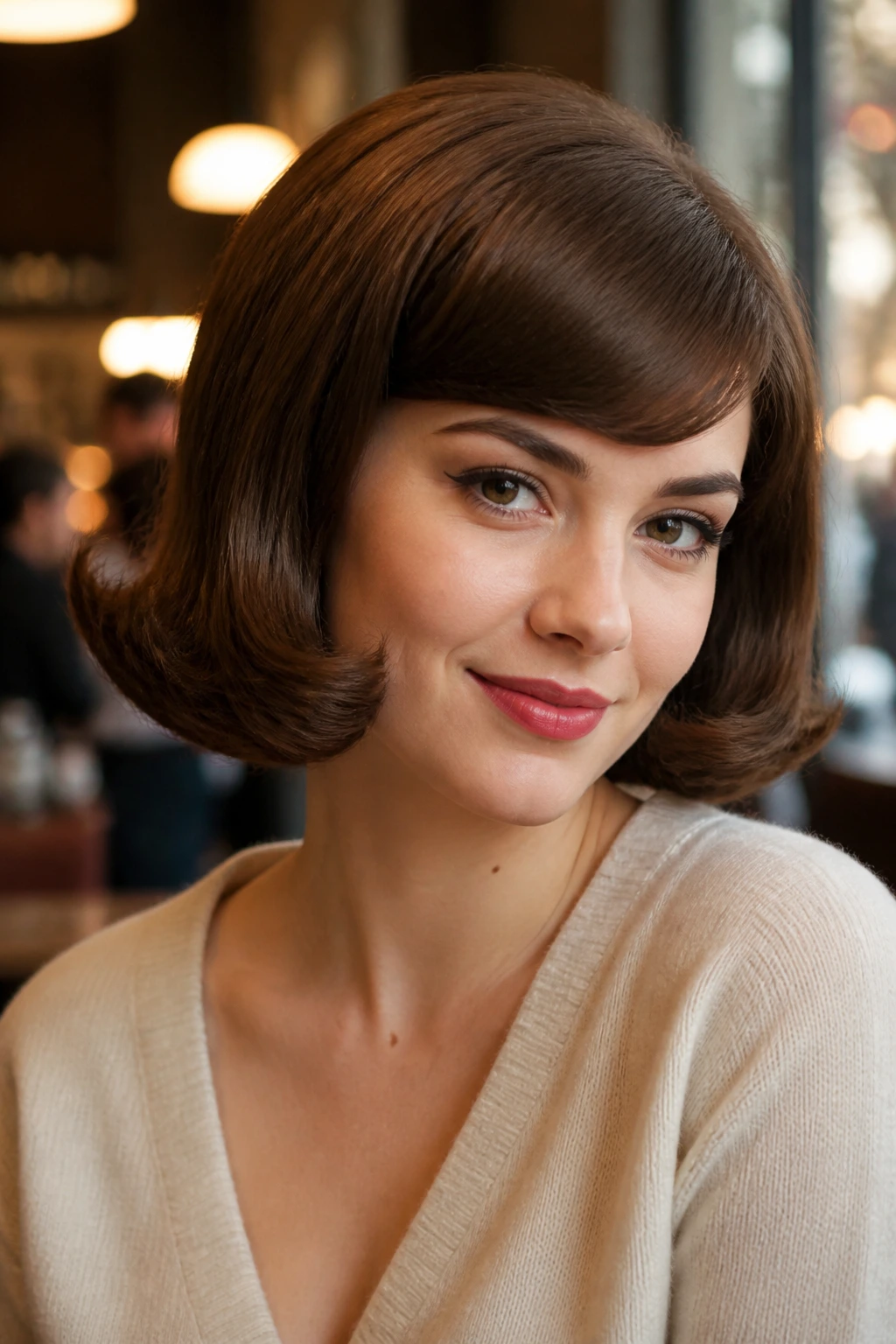 Close-up of a real woman with a 1950s brushed-out pageboy.