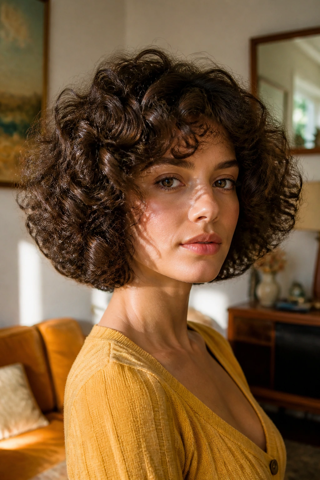 Close-up portrait of a real person with Brushed-Out Retro Bob halo hairstyle.