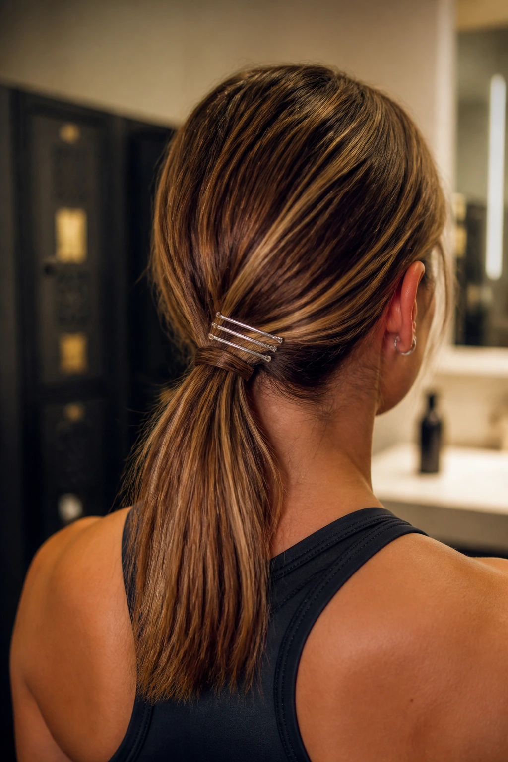 Back view of real woman's nape with brushed silver pins securing ponytail