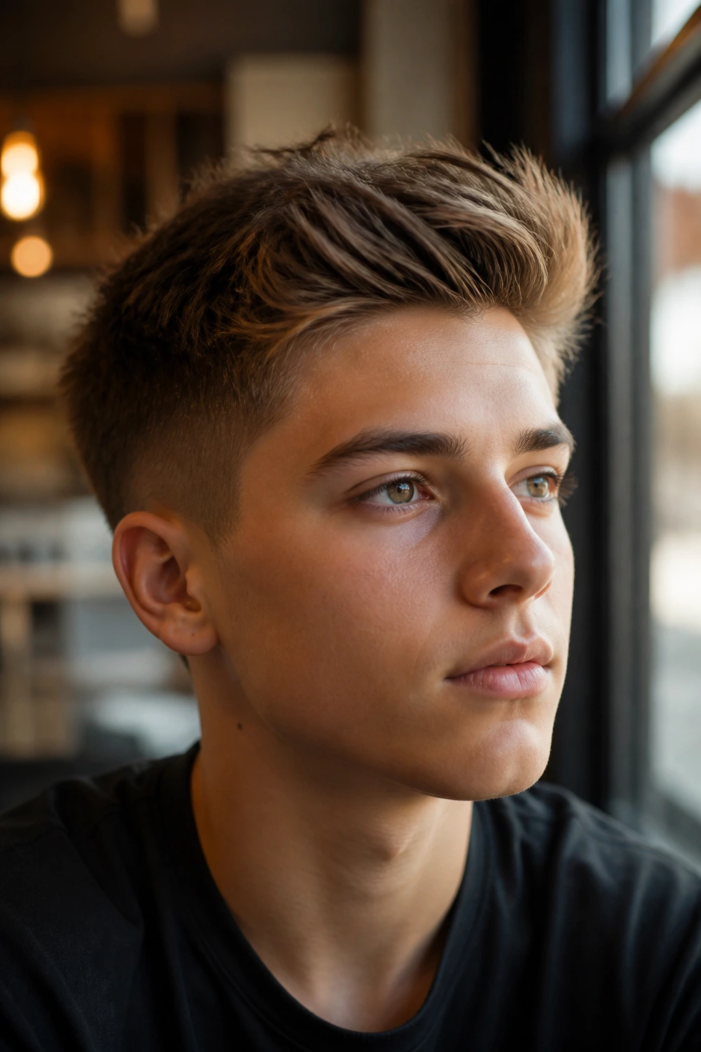 Teen with a brushed-up front crew cut in a cafe setting