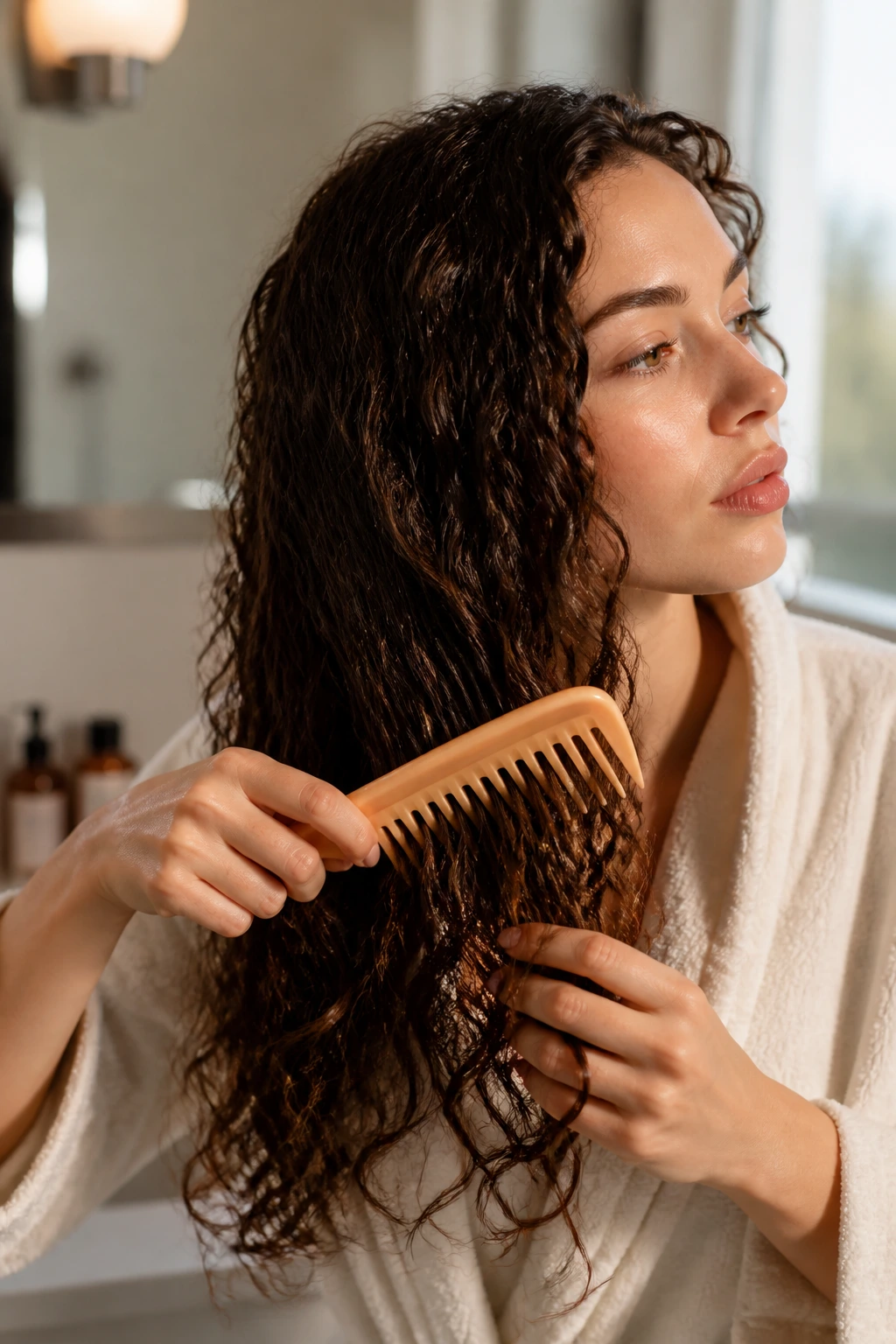 Close-up of a real woman gently brushing curly hair with a wide-tooth comb in a warm bathroom.