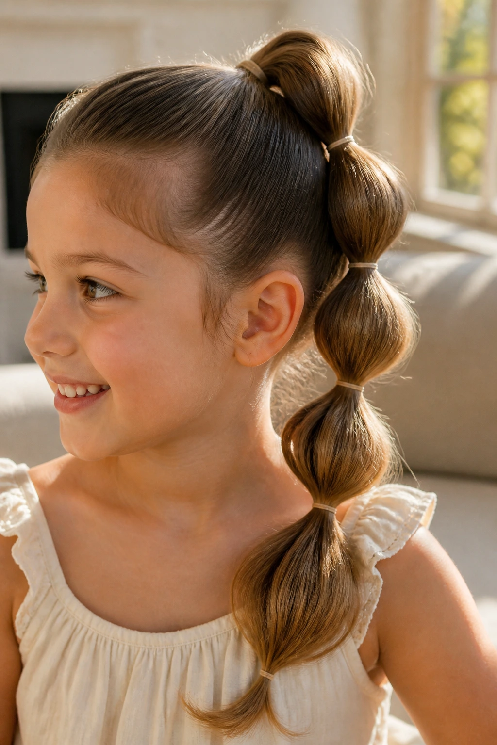 Close-up of a child with a bubble braid hairstyle featuring a high ponytail and rounded bubbles.