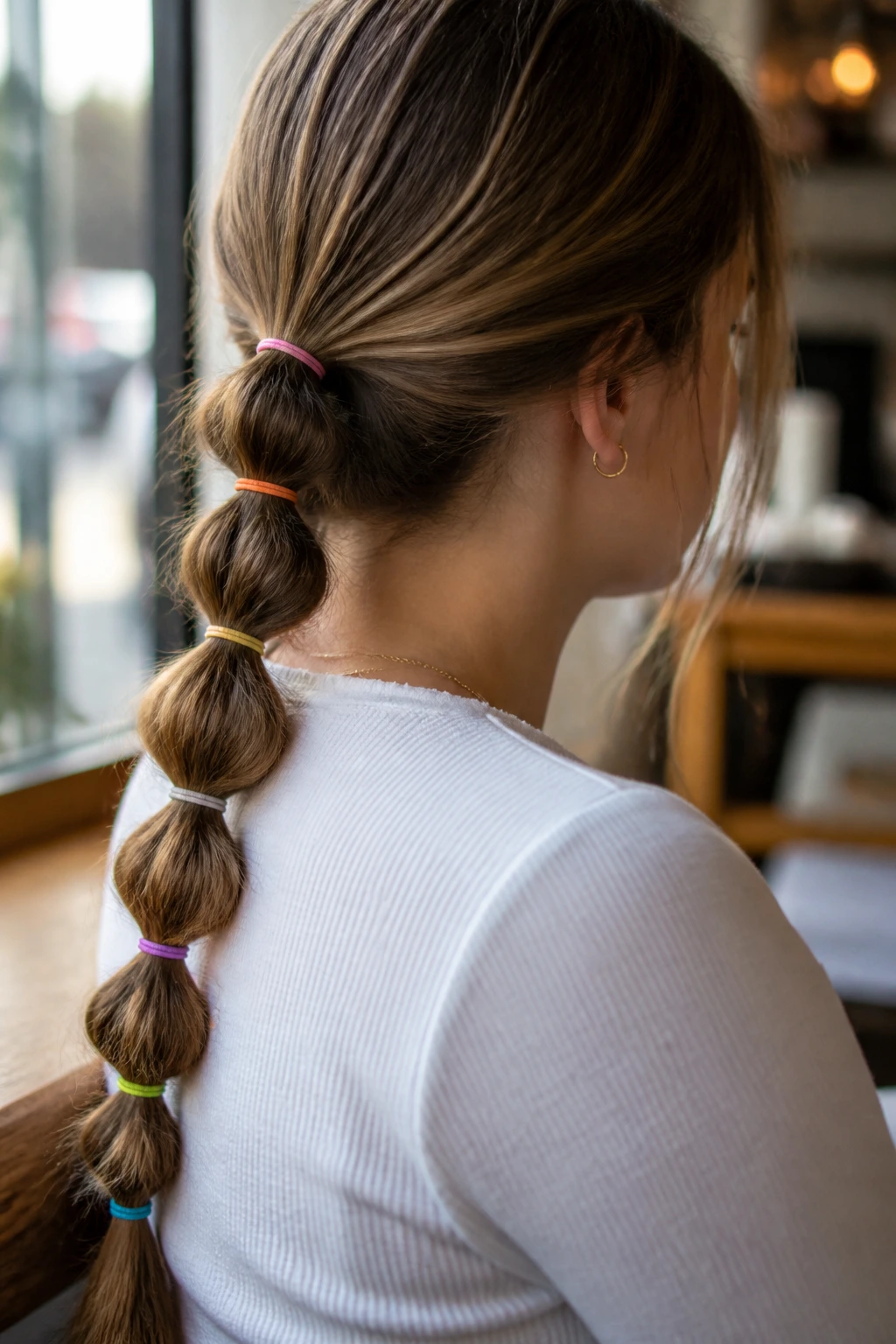 Low bubble braid with colorful elastics in a real person's hair