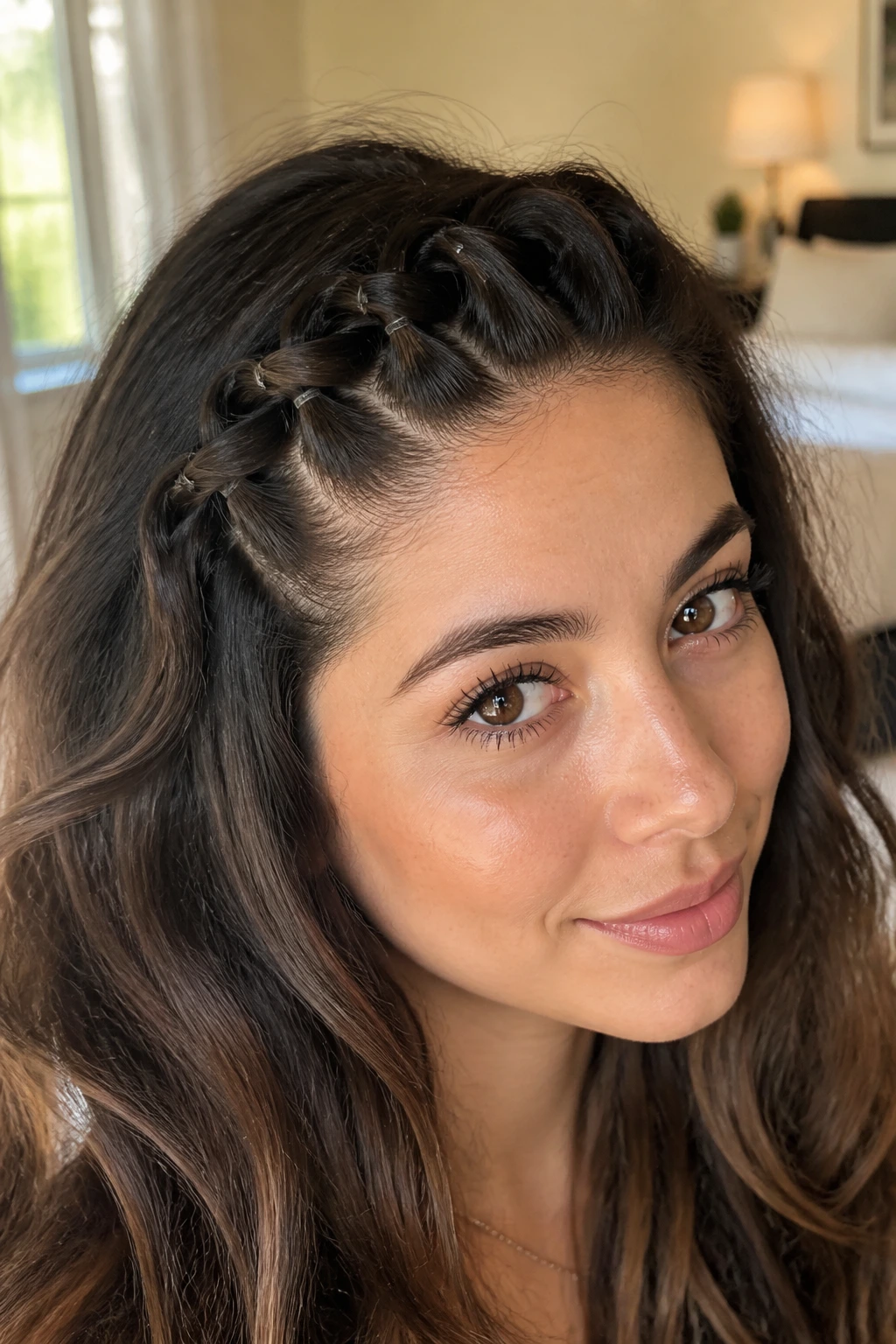 Close-up of bubble braid bang illusion with elastic bubbles along hairline on a real woman