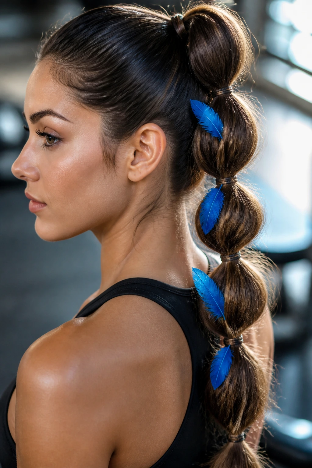 Portrait of a real woman with bubble braids and feather inserts