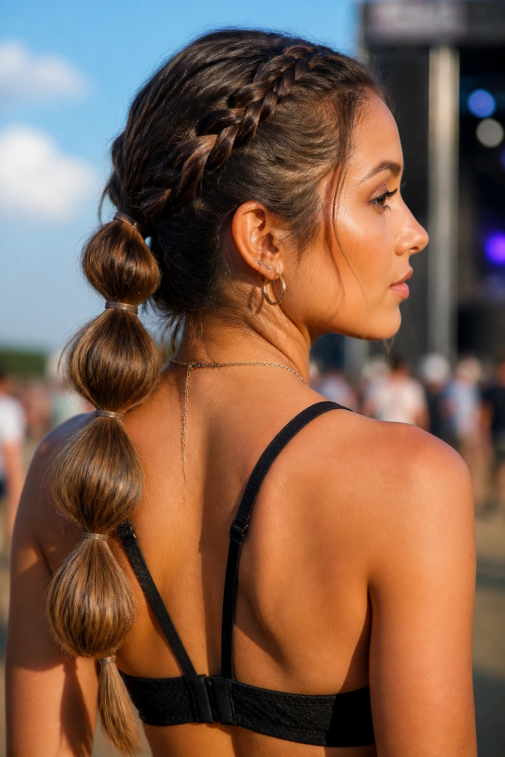 Close-up portrait of a real woman with a bubble braid combination at a festival