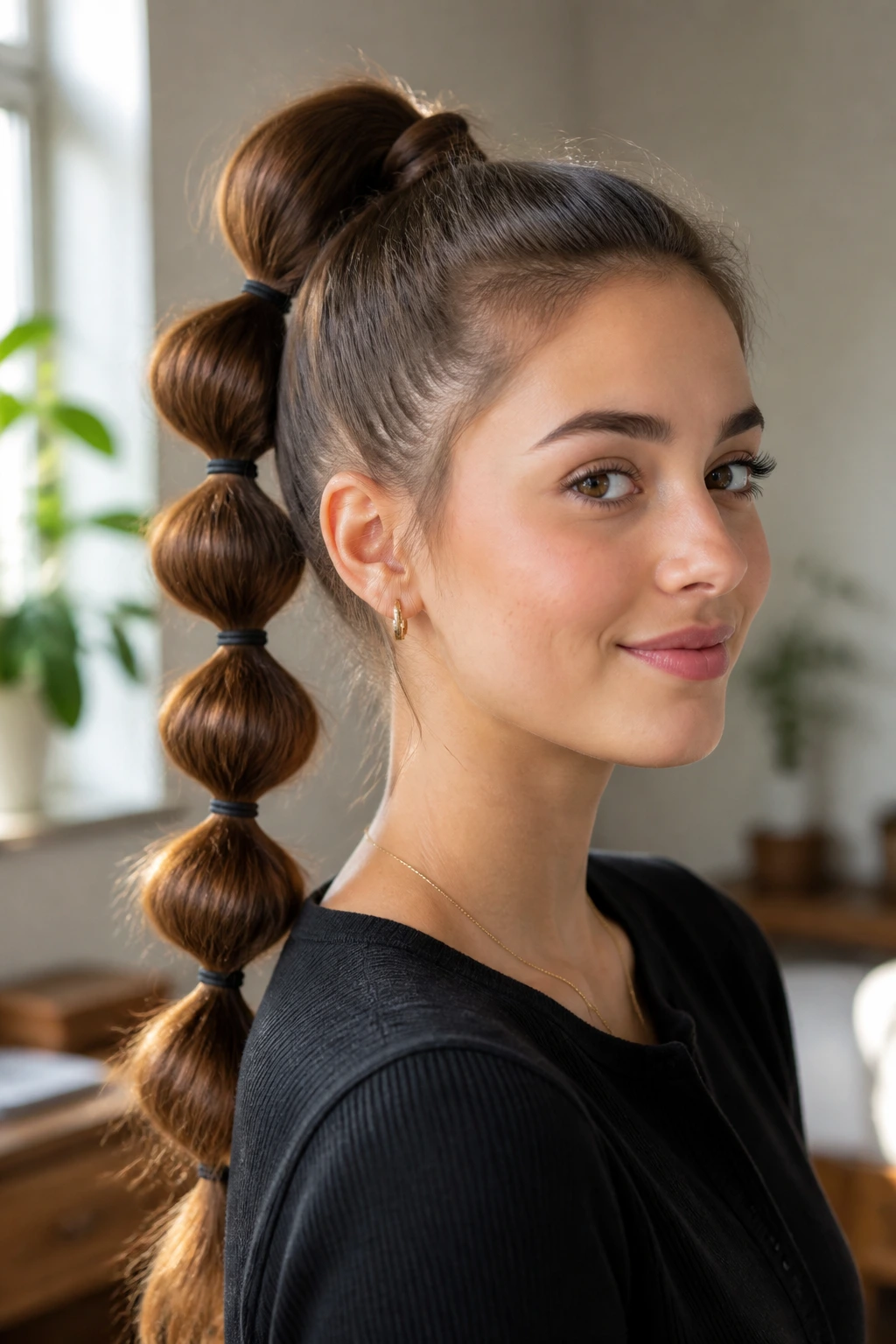Close-up of bubble braid on a real person with a high ponytail.