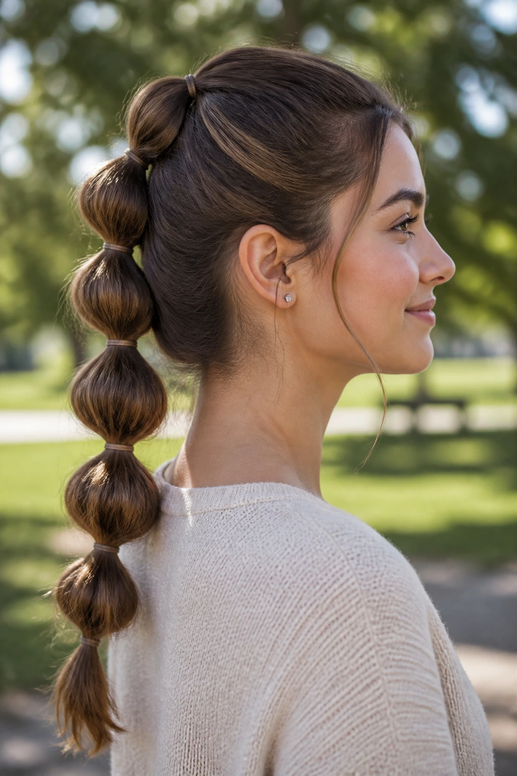 Profile portrait of a real woman showing a bubble braid along the back of her head.