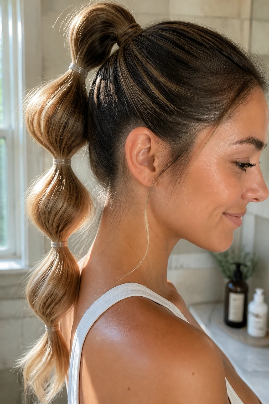Close-up of a real woman's bubble braid formed with elastic bands along a high ponytail