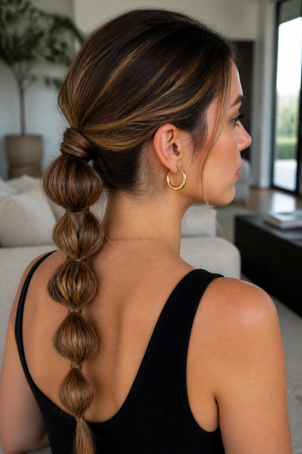 Close-up of real woman's head with a bubble braided low tail hairstyle