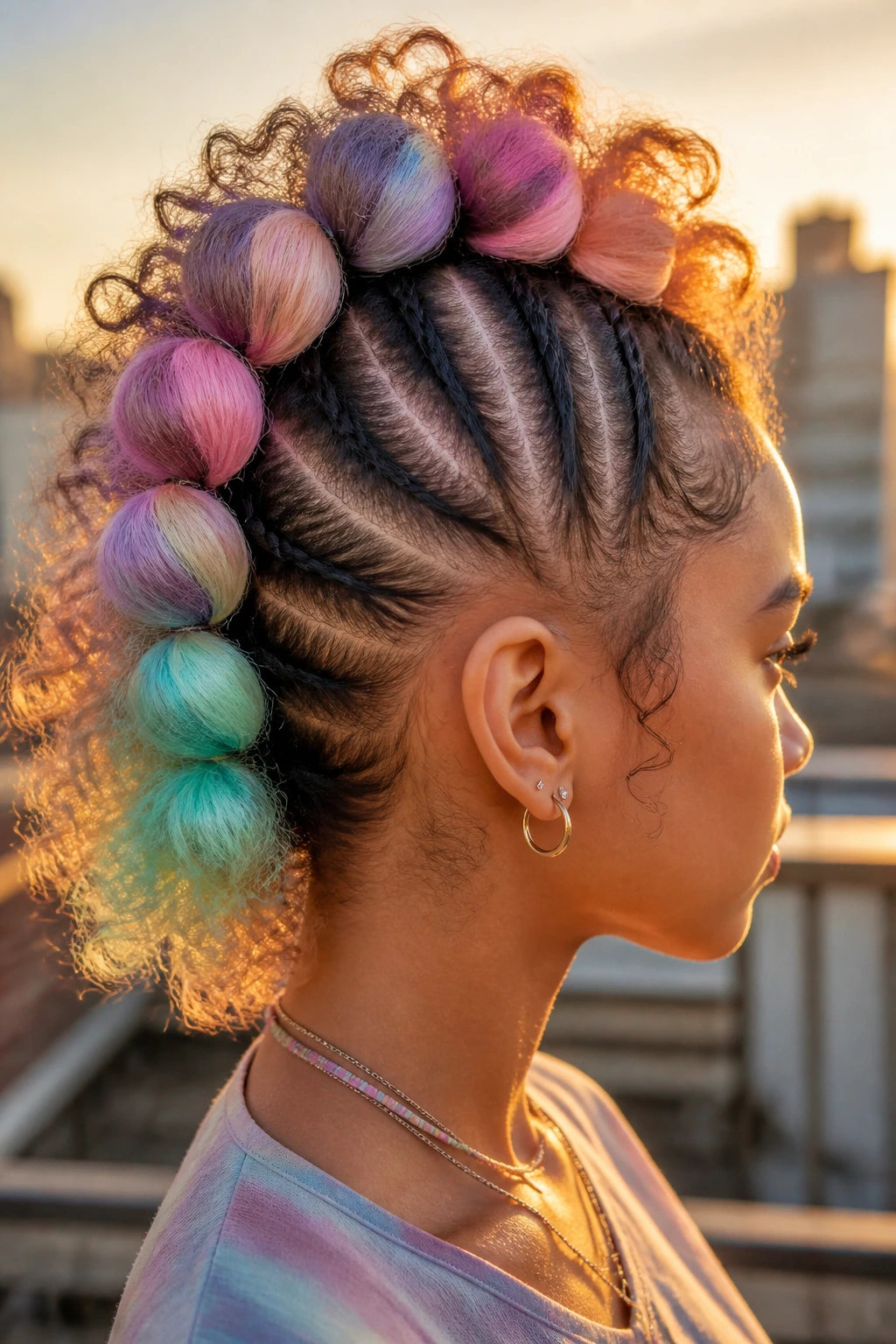 Close-up of real person with bubble braid mohawk