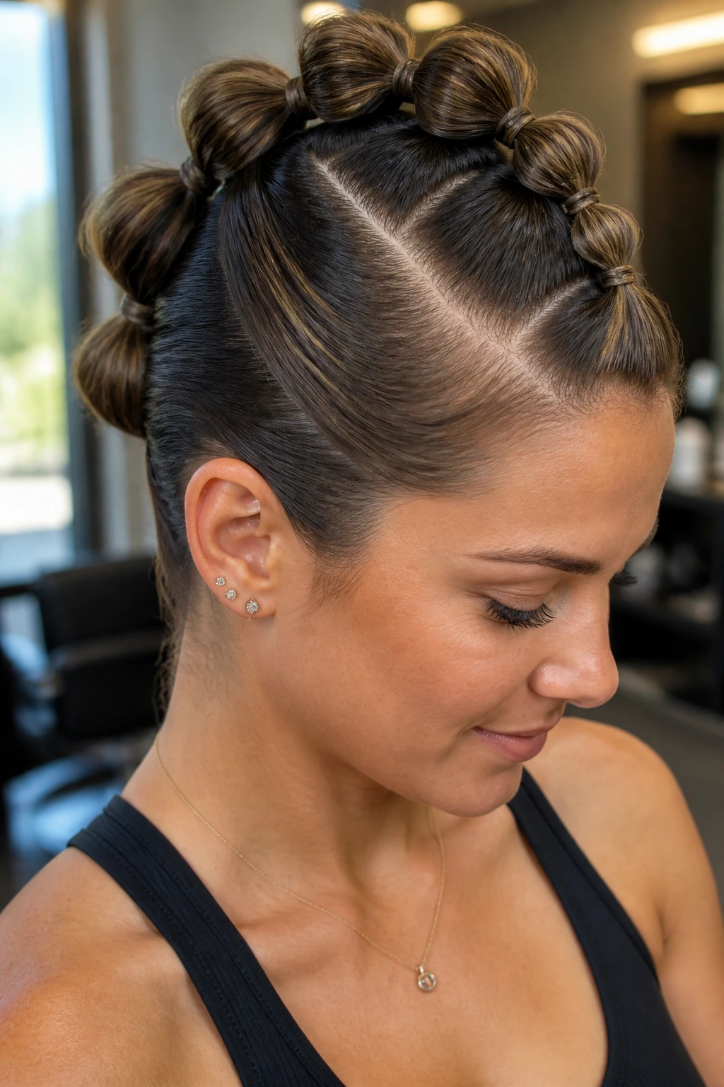 Close-up portrait of a real person with a bubble-braid mohawk along the center of the scalp