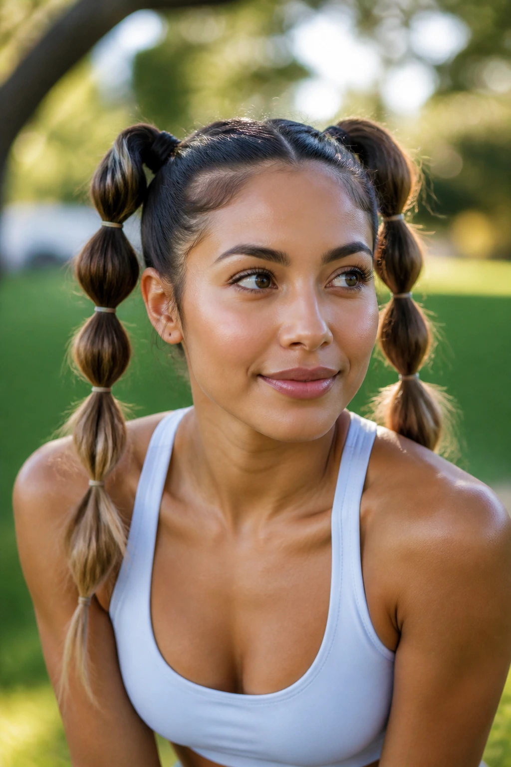 Close-up of a real woman with two bubble braids pig tails outdoors