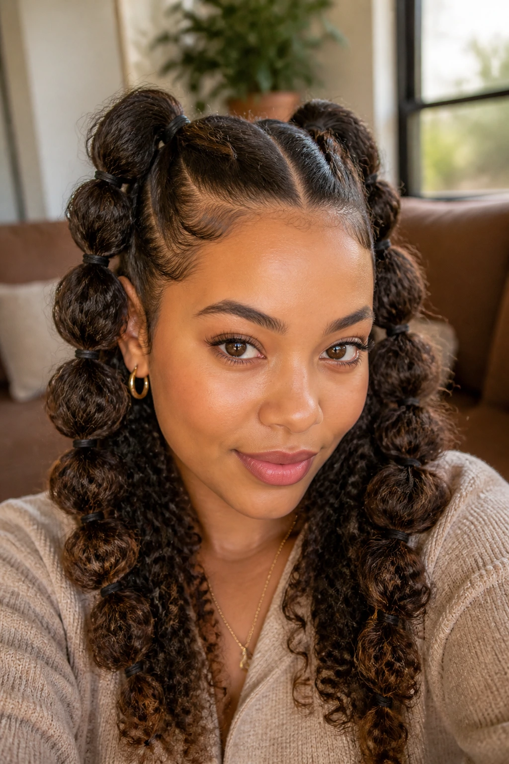 Real woman with two bubble pigtails on curly hair