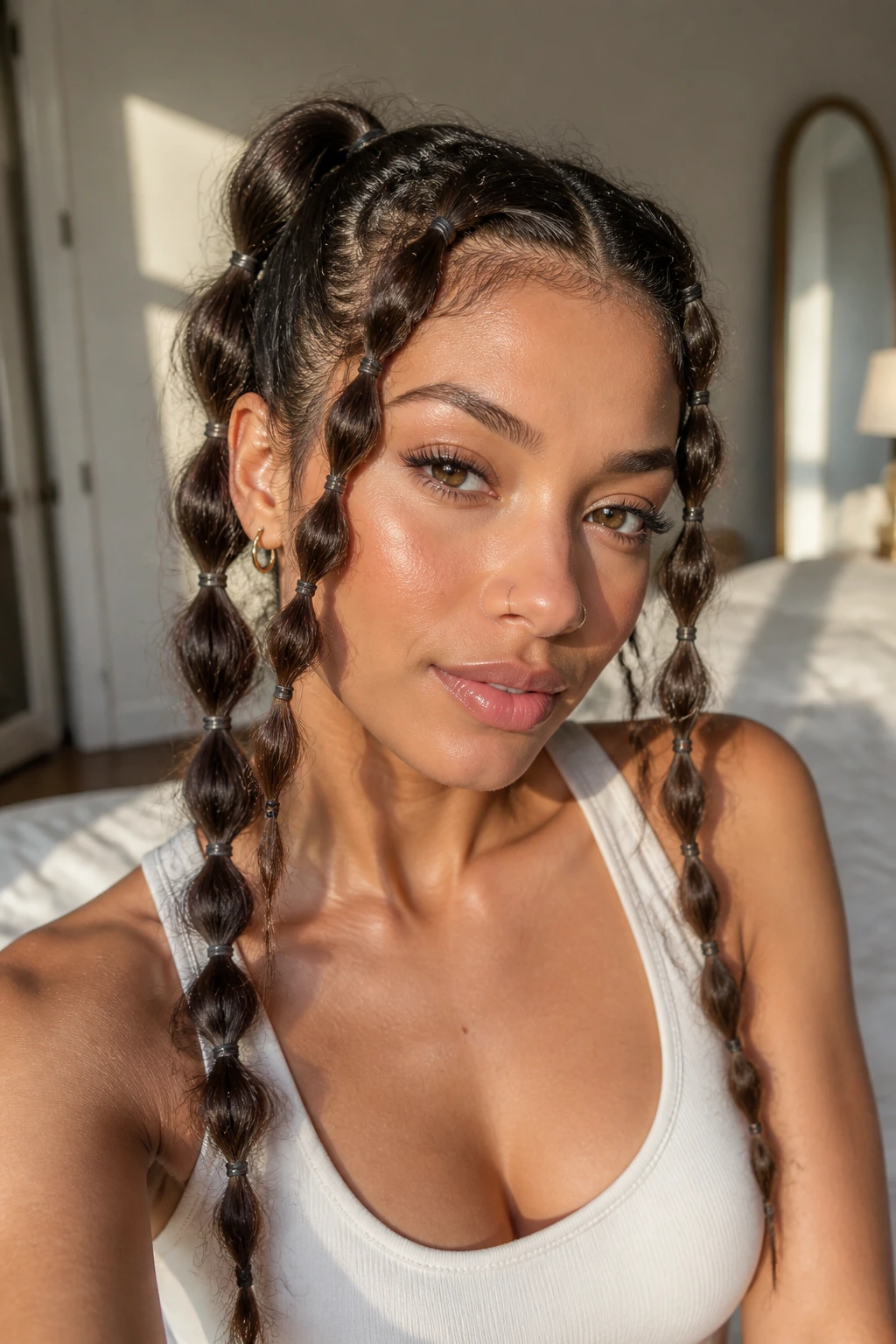 Close-up of a real woman wearing Bubble-Braid Pigtail Frames with two bubble braids framing her face in warm natural light