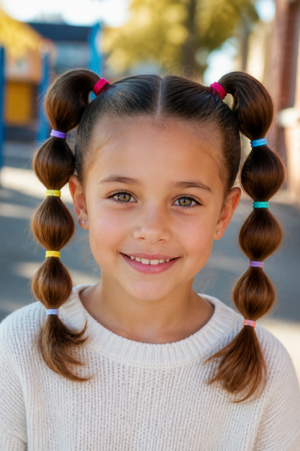 Close-up of a child with two high bubble pigtails in a sunny playground