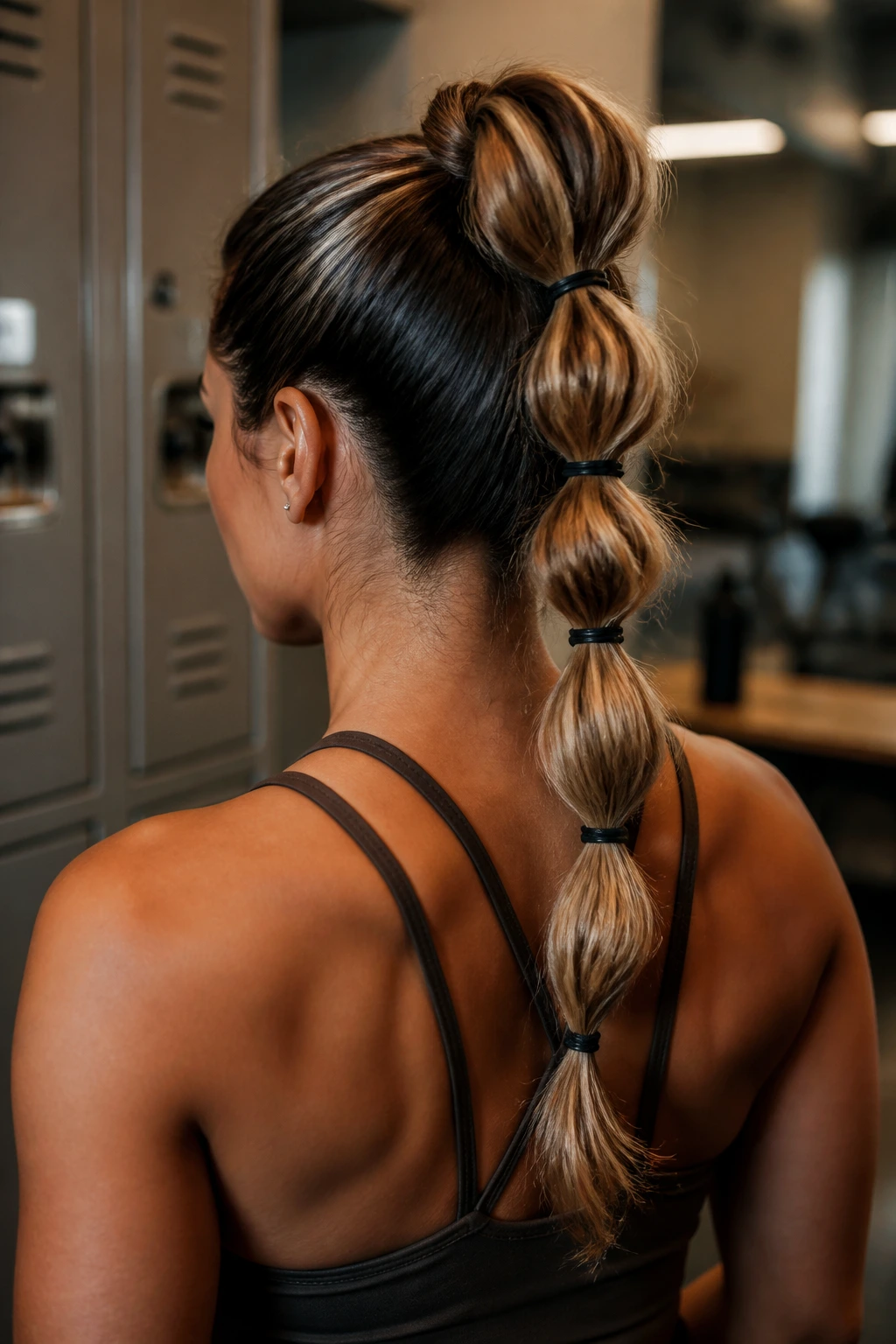 Back-of-head view of a real person with a bubble braid high ponytail