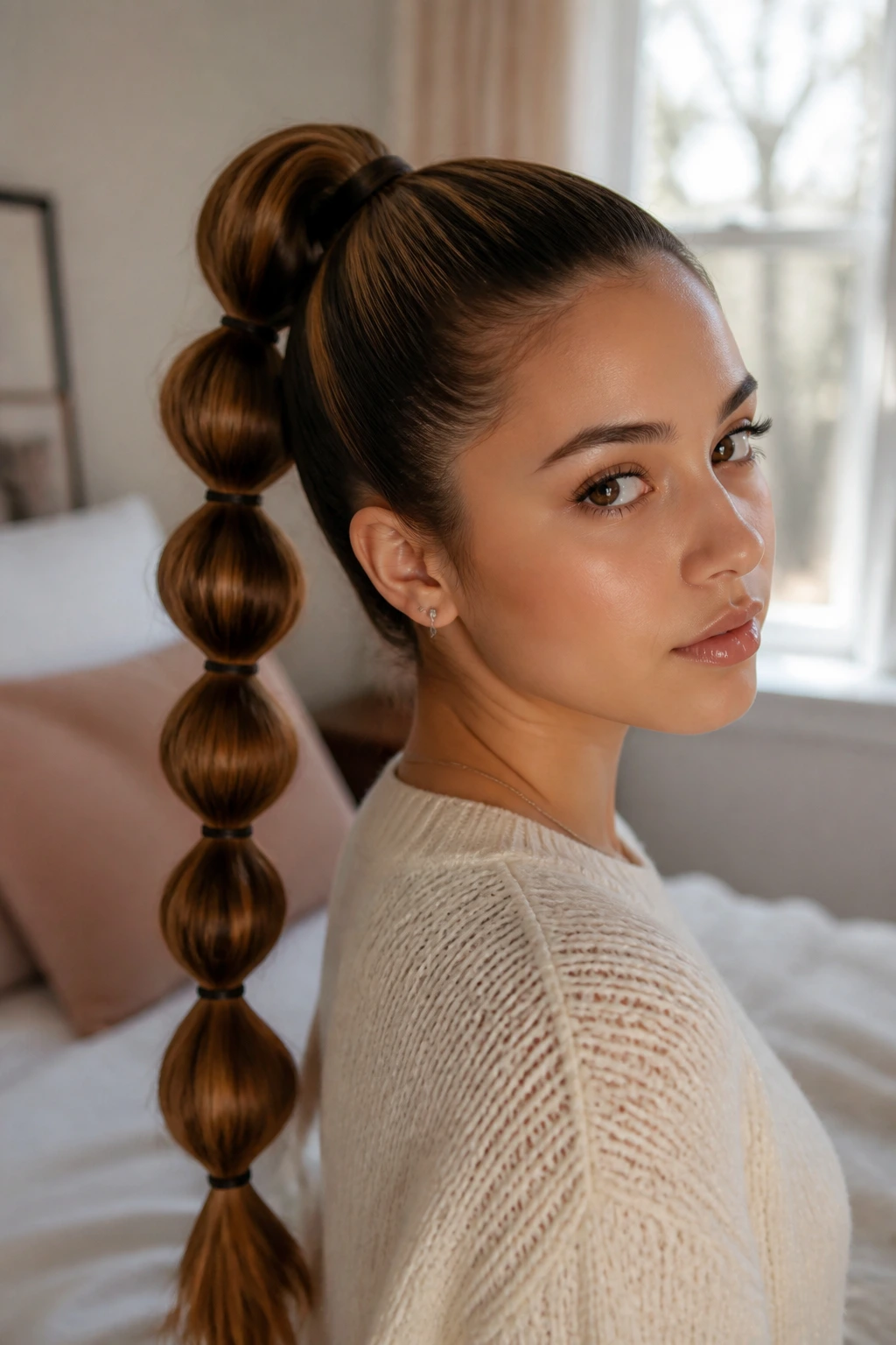 Close-up of a real woman with a bubble braid ponytail