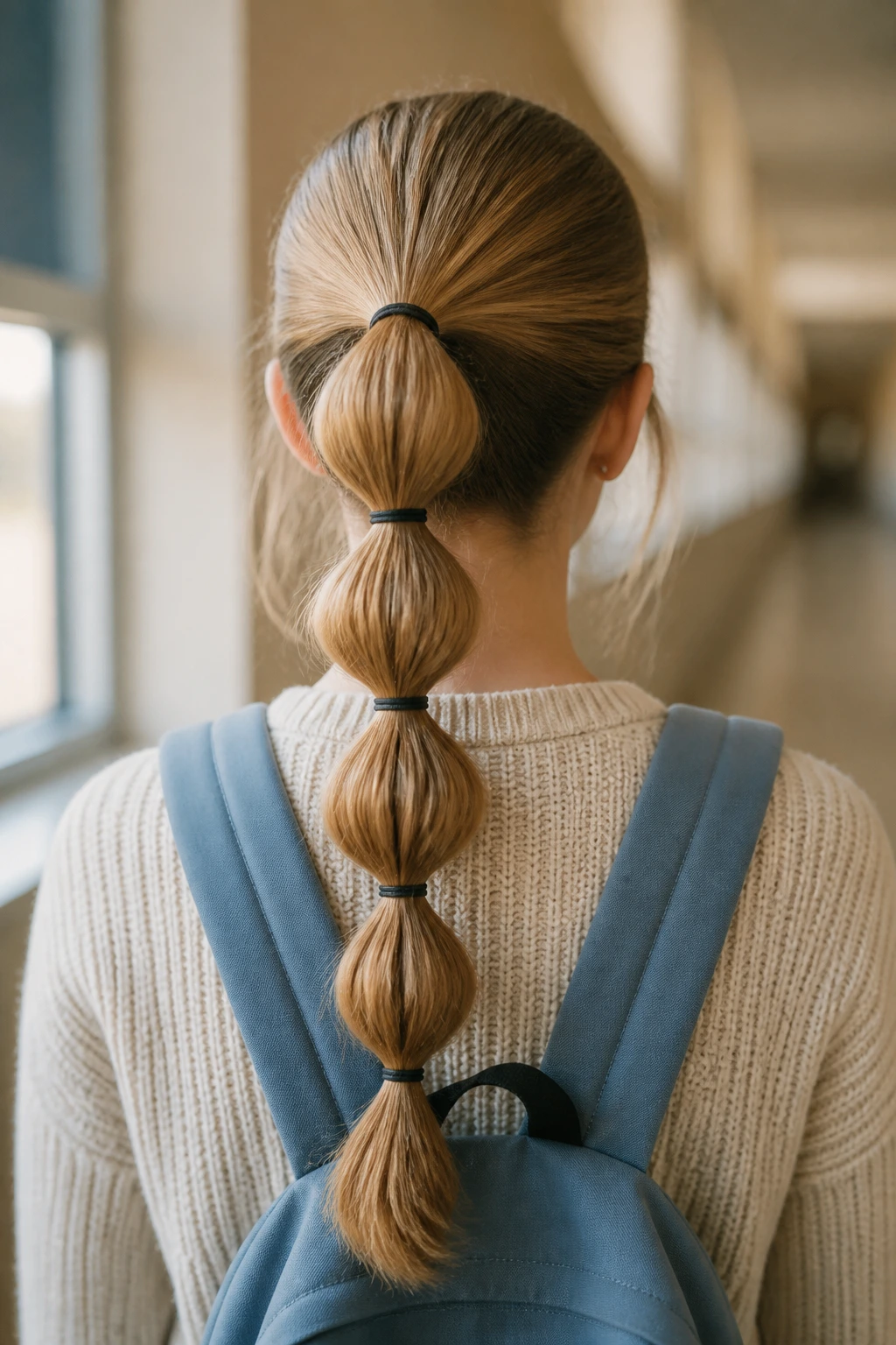 Back view of a person with a bubble braid ponytail and elastic segments