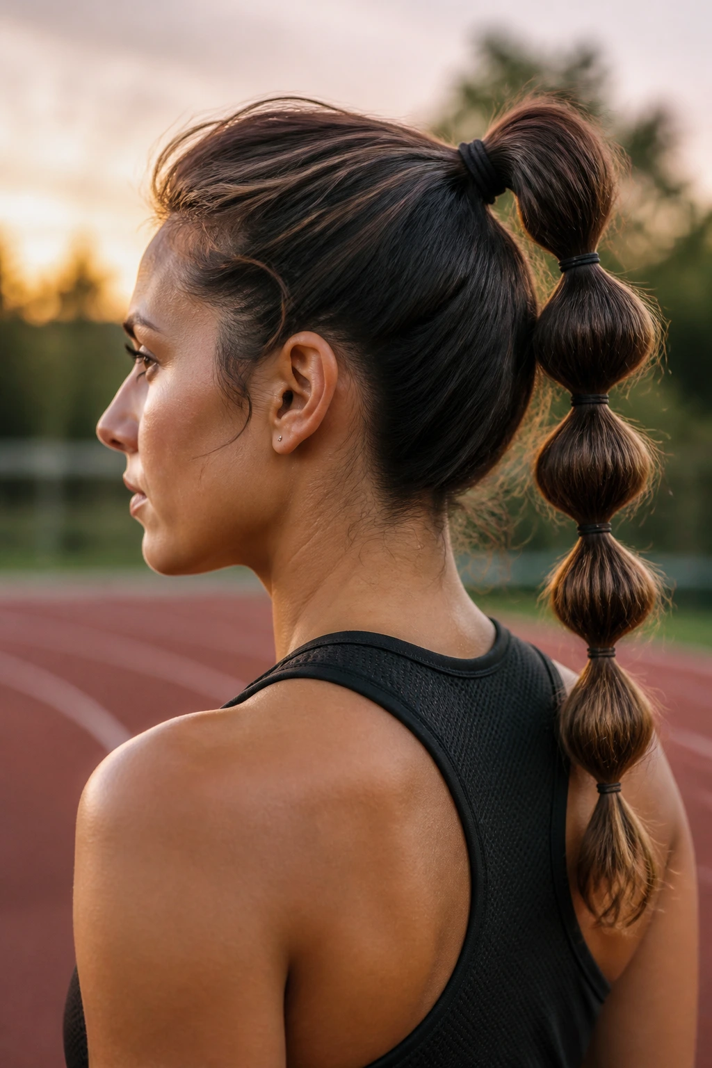Real woman with a high ponytail featuring uniform bubble elastics along the length