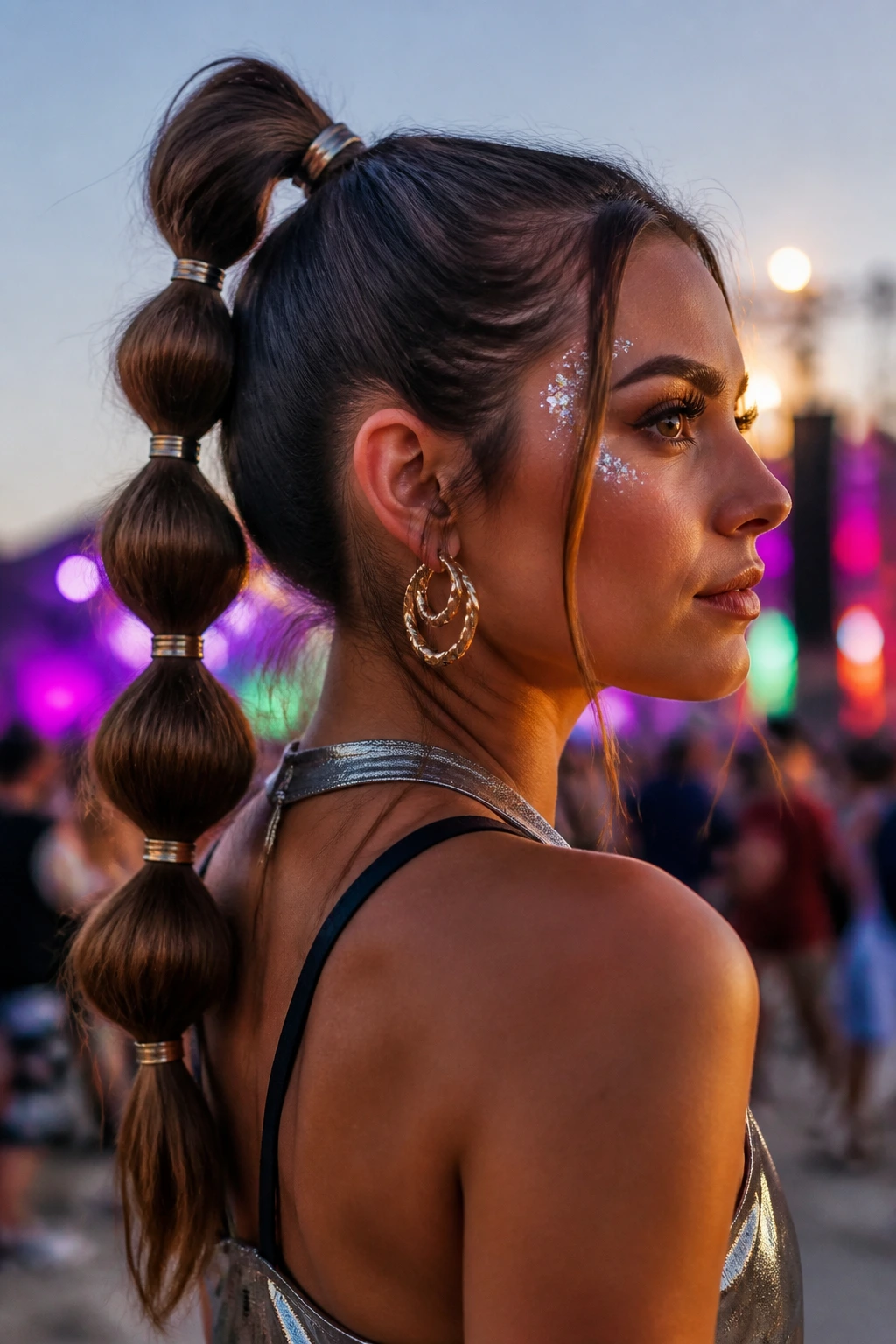 Close-up of a real woman with a bubble braid ponytail at festival