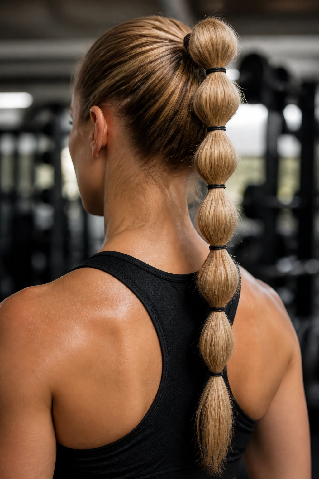 Back view close-up of a person with a bubble ponytail at the gym
