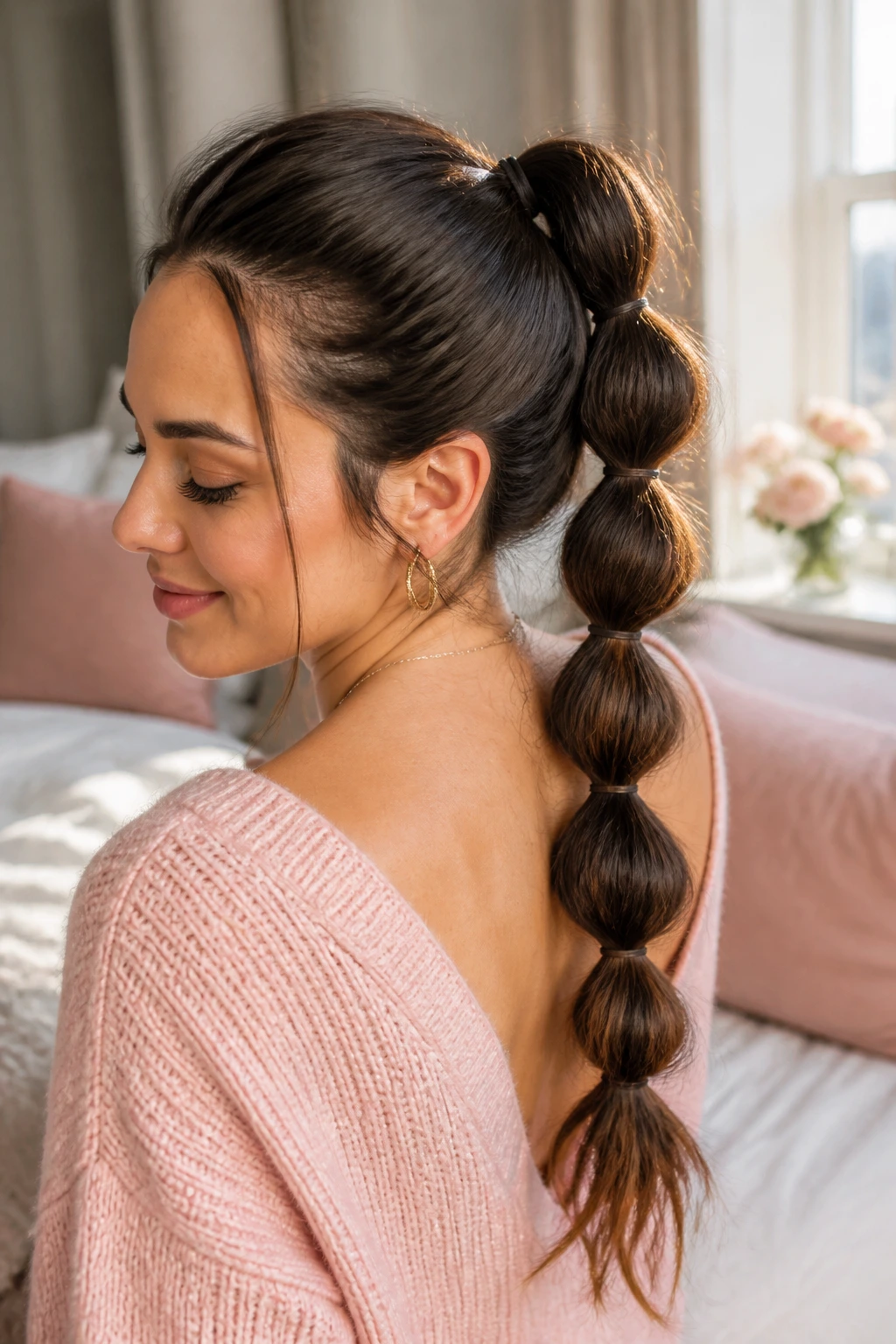 Close-up of a real woman with a bubble braid ponytail formed by spaced elastics in warm window light.