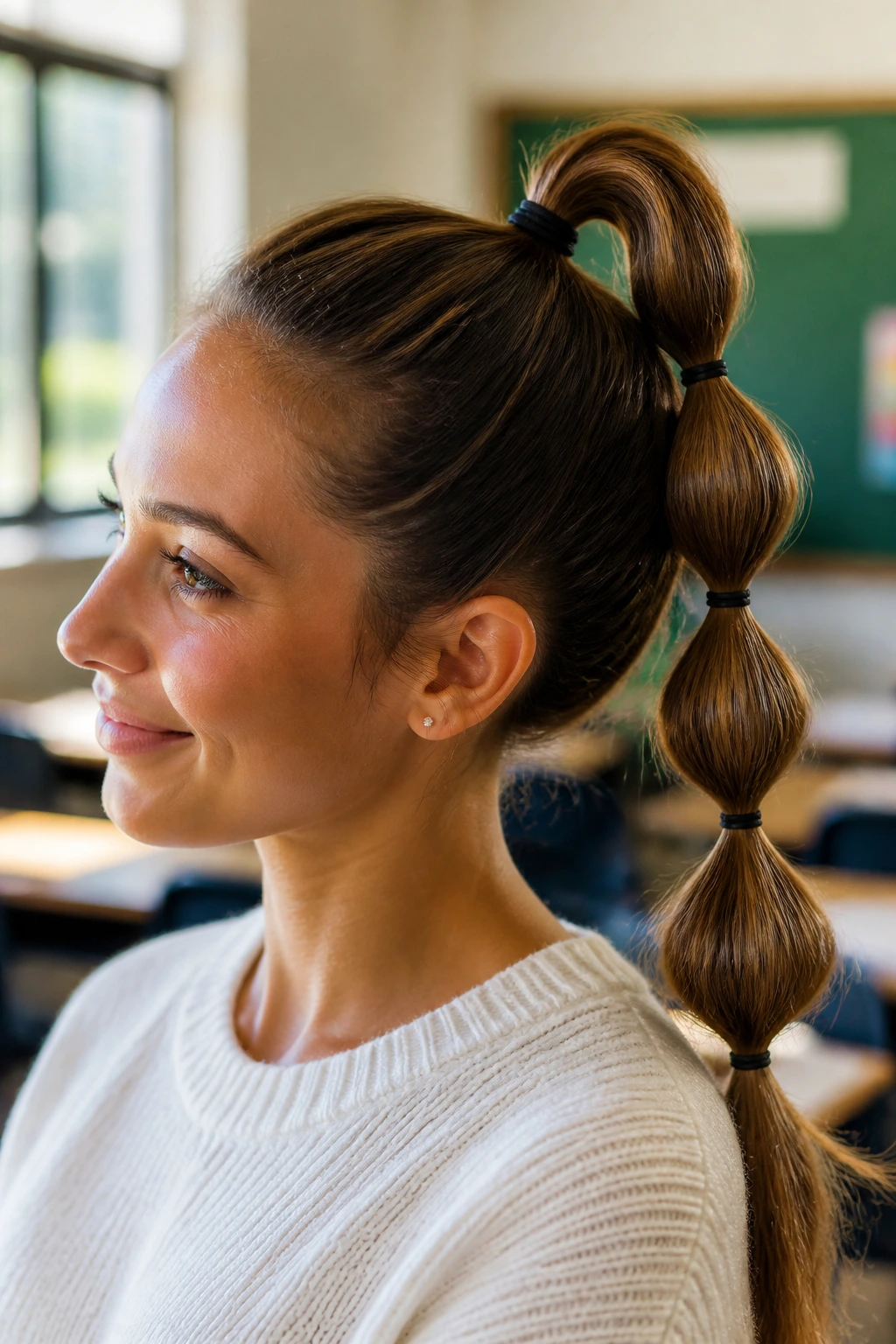 Close-up of a woman with a bubble braid ponytail