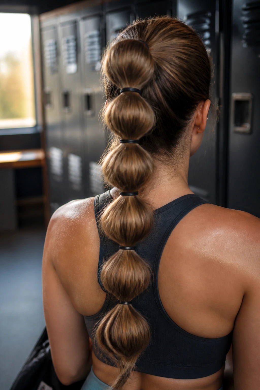 Back view close-up of a real woman with a bubble braid ponytail in a gym setting