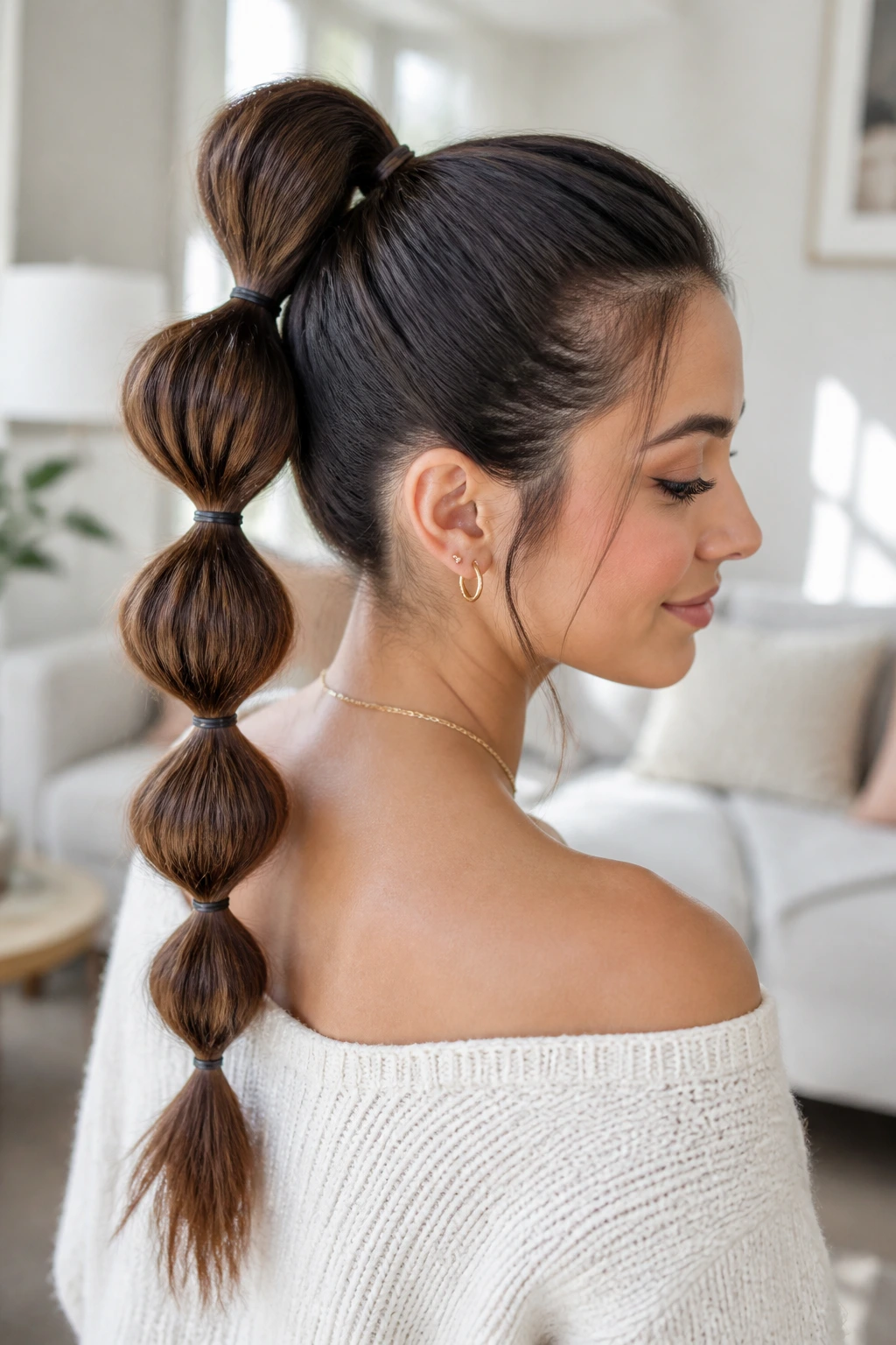 Side profile of a real woman with a bubble braid showing bubble elastics
