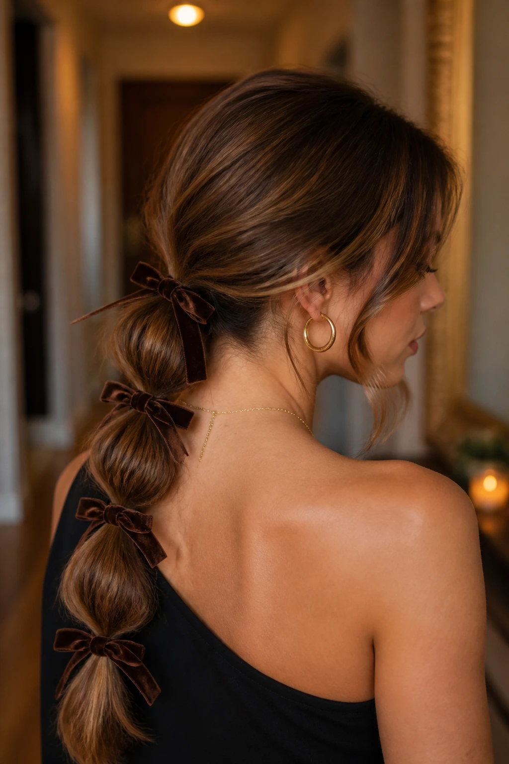 Close-up real woman with low bubble braid and velvet ribbons