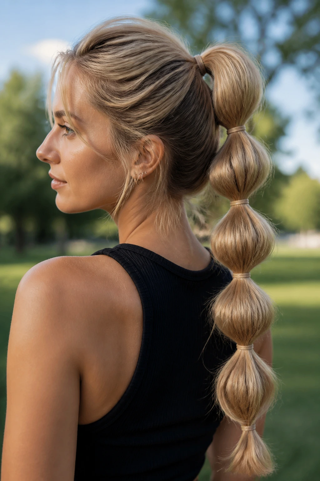 Close-up of a real woman wearing The Bubble Braid with alternating bubble sections.