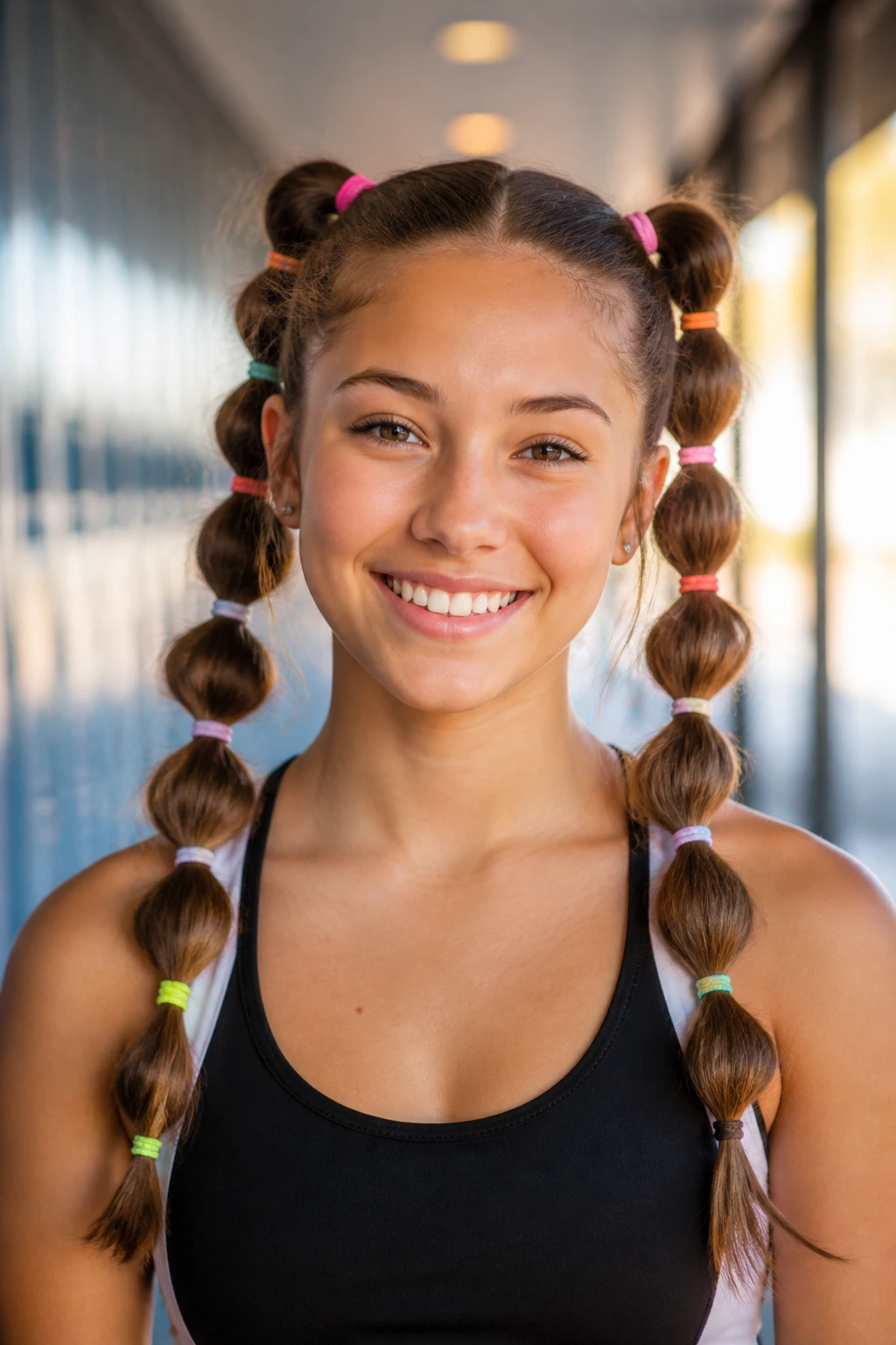 Front portrait of a real person with segmented bubble braids in two high ponytails