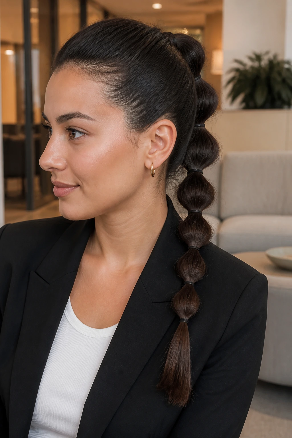 Real woman with pressed bubble braids and matte elastics