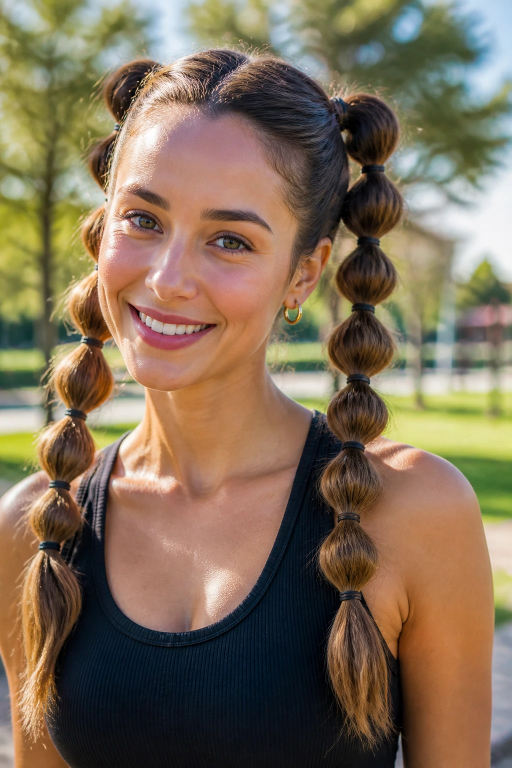 Close-up of a real woman with bubble braided pigtails