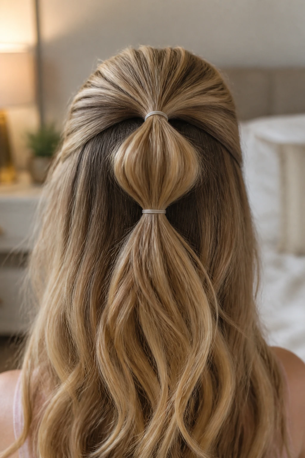 Back-of-head view of a real woman with a double bubble half pony hairstyle