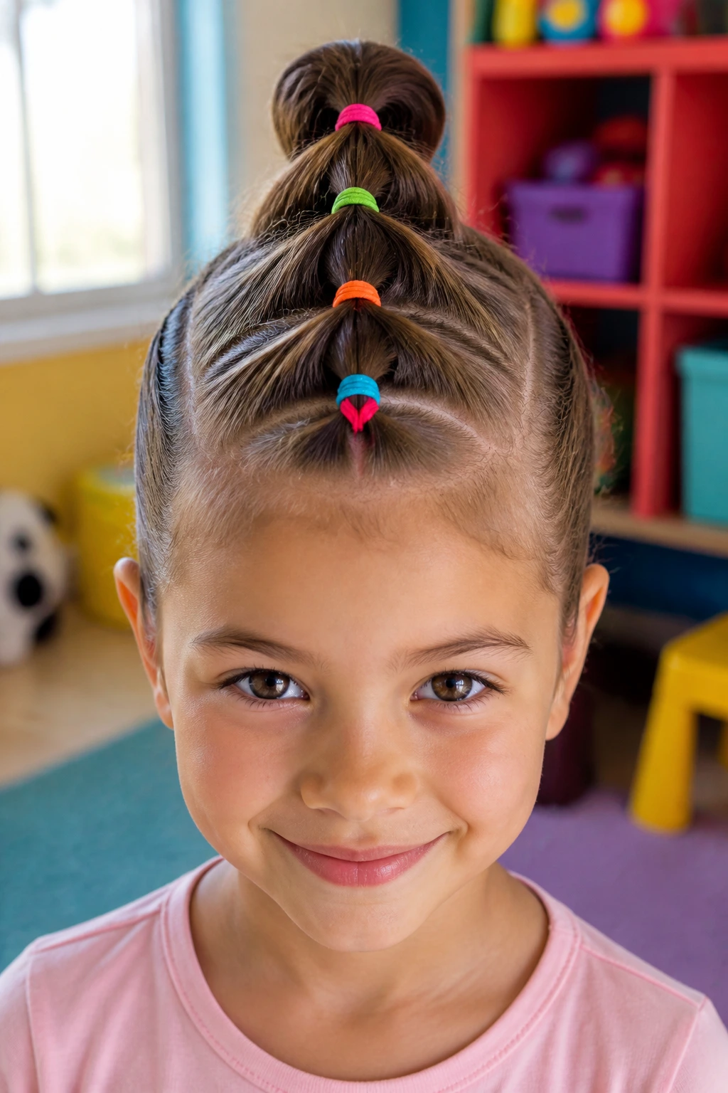 Close-up of a child with a bubble mohawk tied with colorful elastics in a playroom