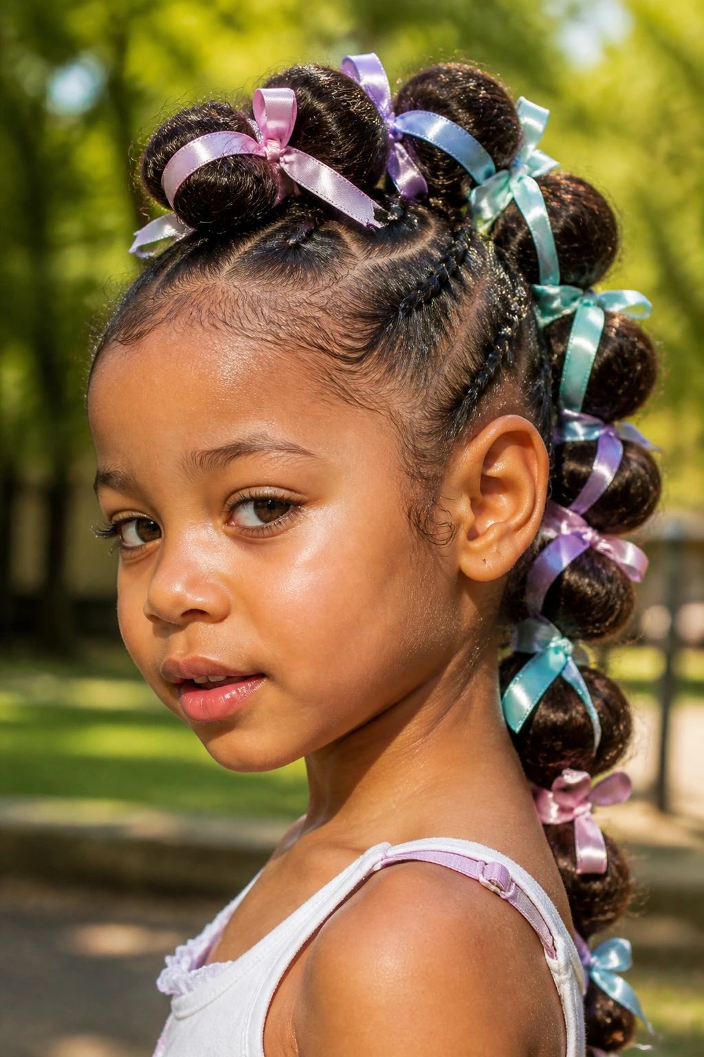 Real person with a bubble mohawk braided with pastel ribbons