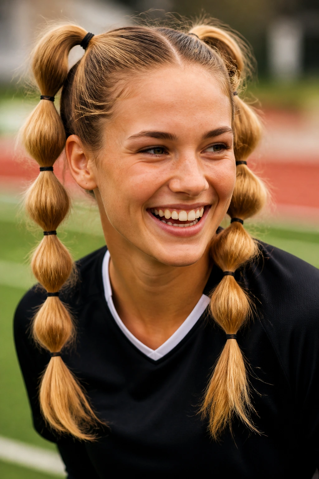 Real athlete with segmented bubble pigtails.