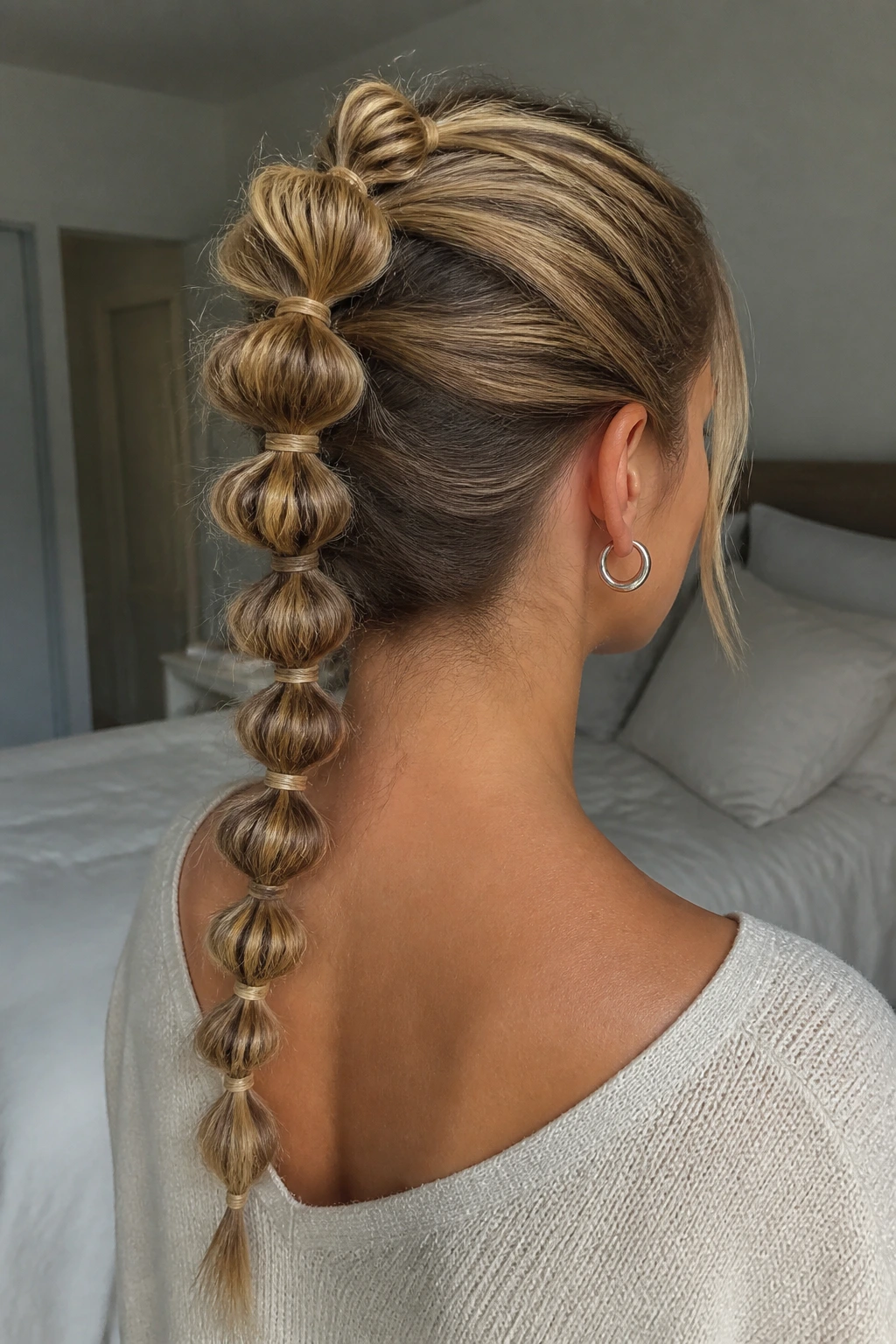 Rear view of a real woman displaying tiny micro bubble ponies along the back of the head.