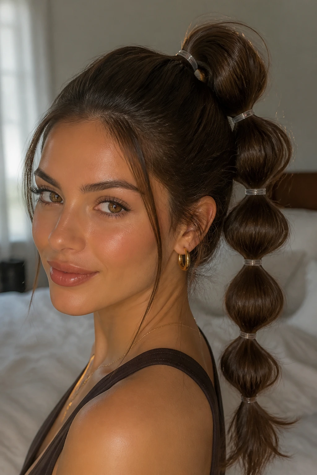 Close-up of bubble pony hairstyle on a real woman with chocolate brown hair in a cozy bedroom.