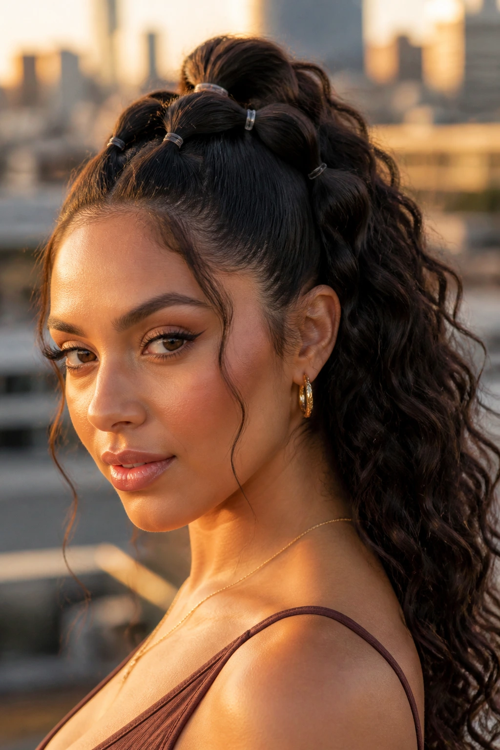 Portrait of woman with bubble half-pony hairstyle and visible elastic bubbles.