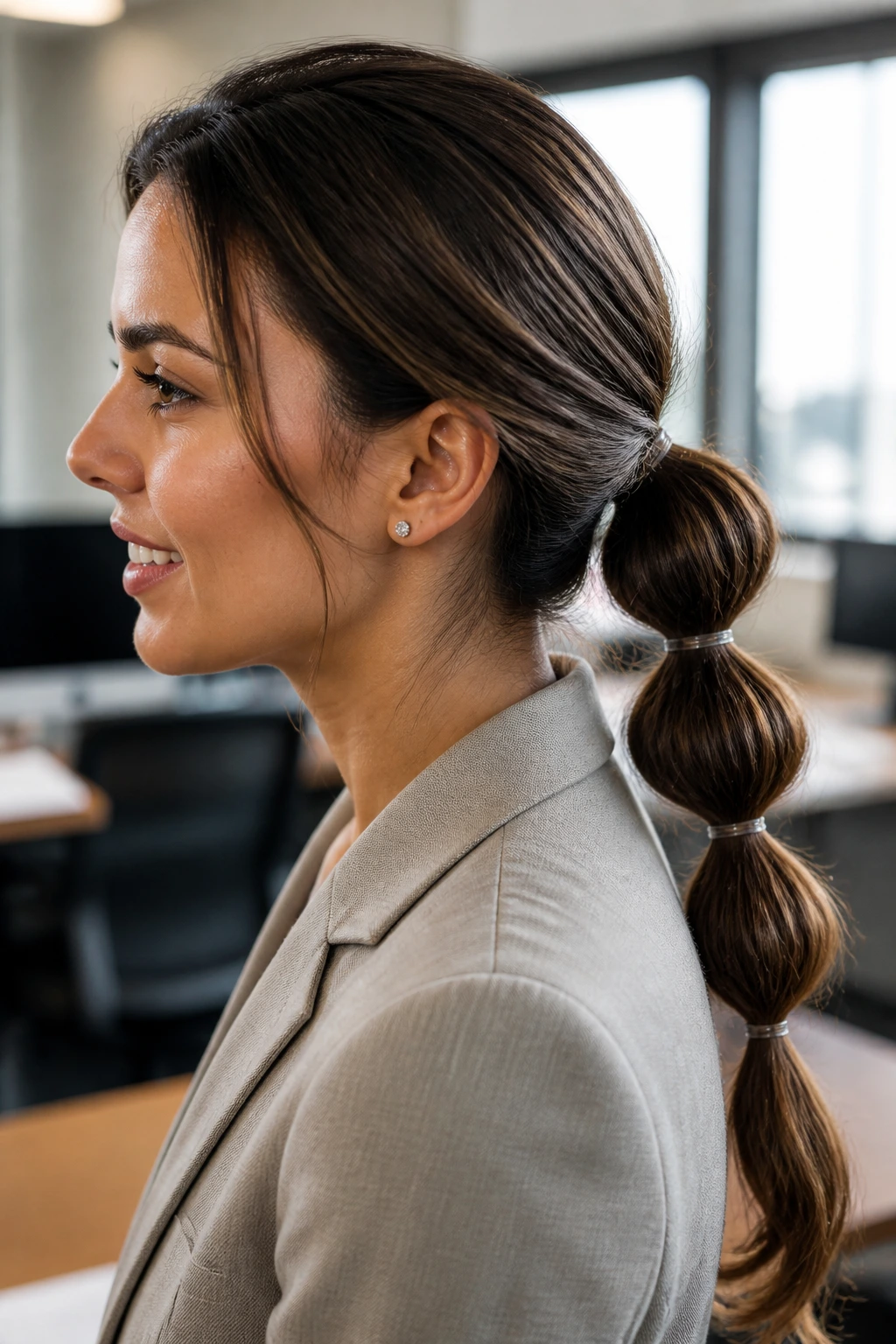 Close-up of a real woman with a bubble ponytail in an office setting