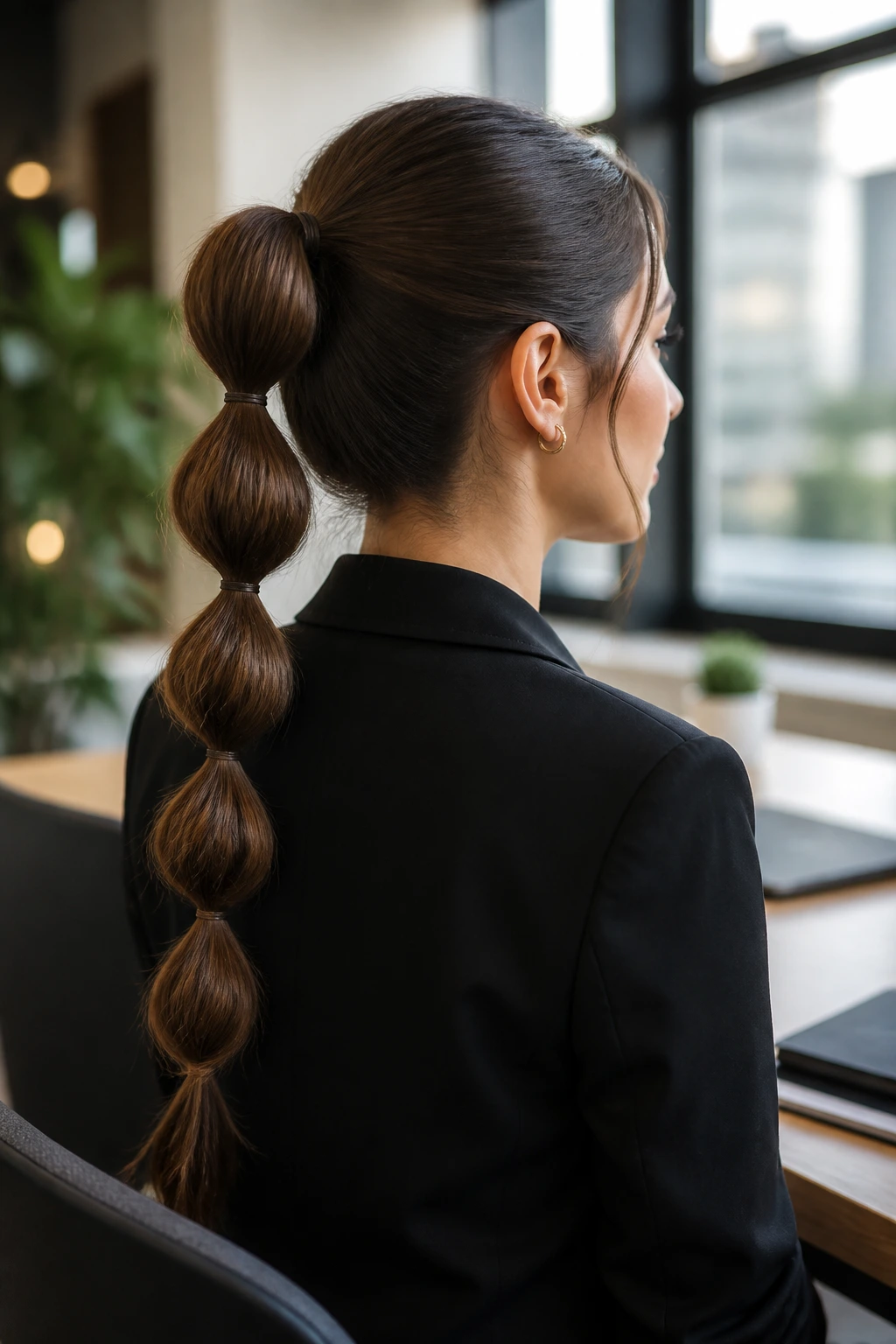 Back/three-quarter view of a real woman with a bubble ponytail in an office