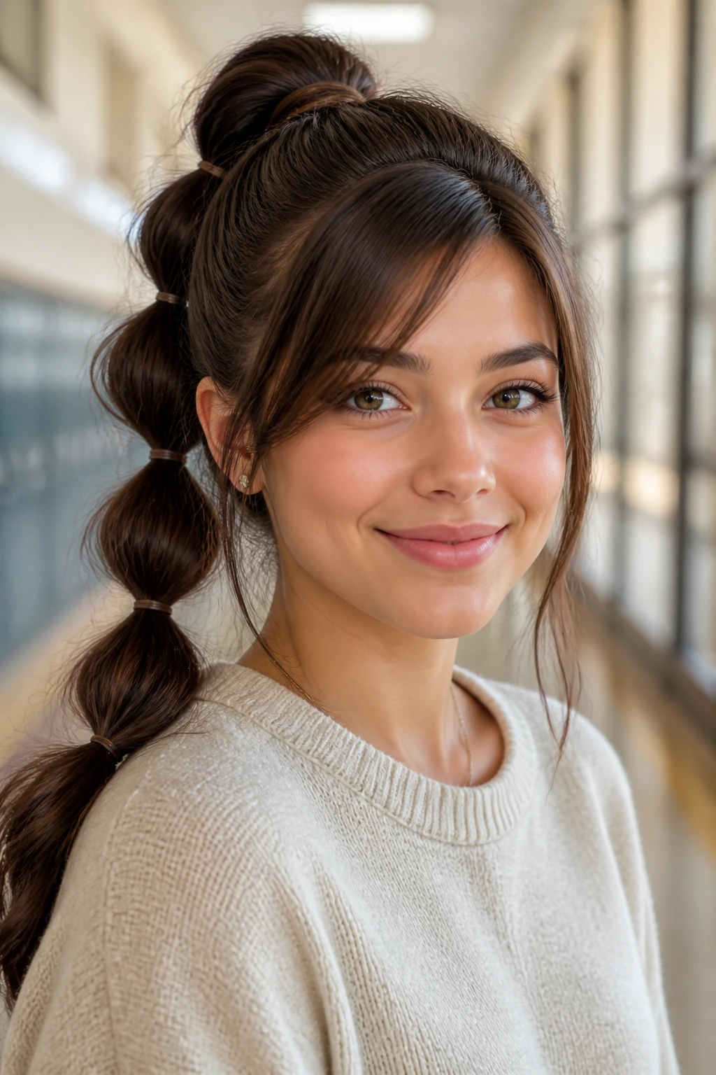 Portrait of a person with a high bubble ponytail and long side bangs