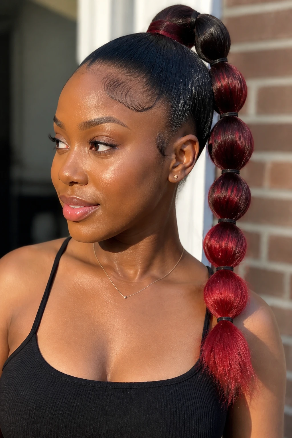 Portrait of a real woman with a bubble ponytail showing black-to-red hair