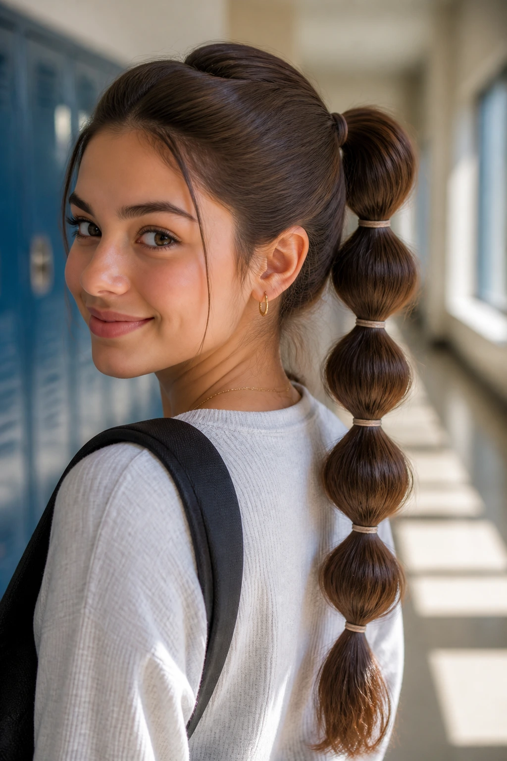 Close-up of a real person with a bubble ponytail in a school hallway