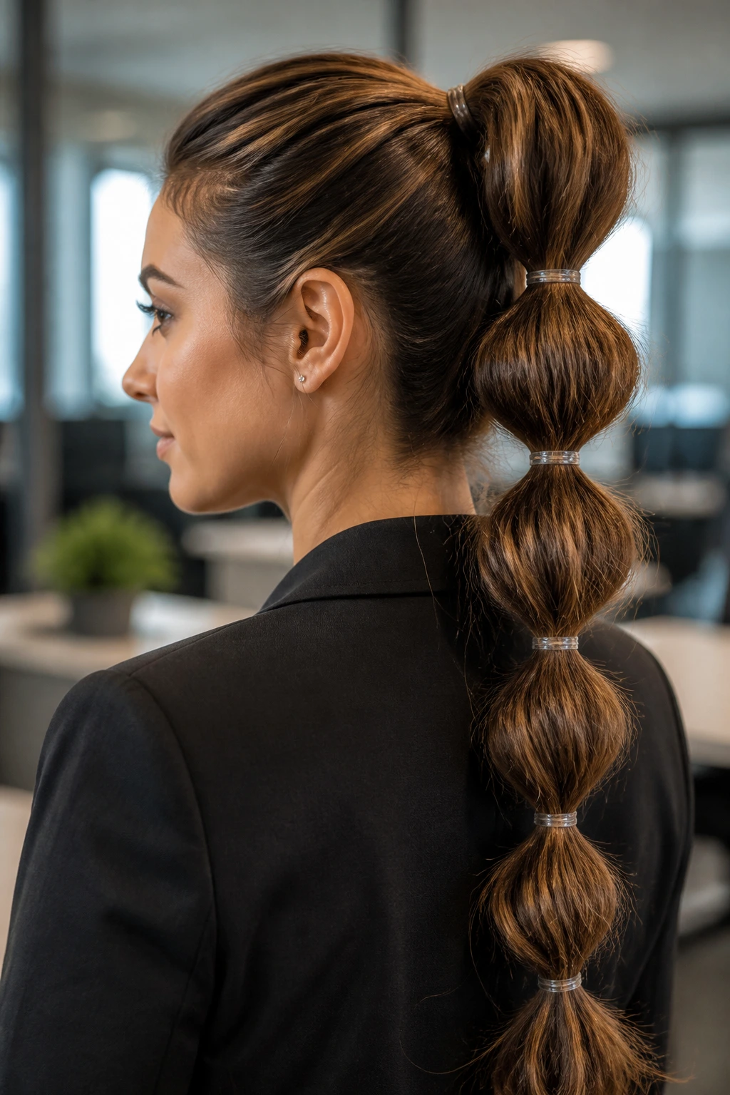 Real woman with bubble ponytail and clear elastics in an office setting